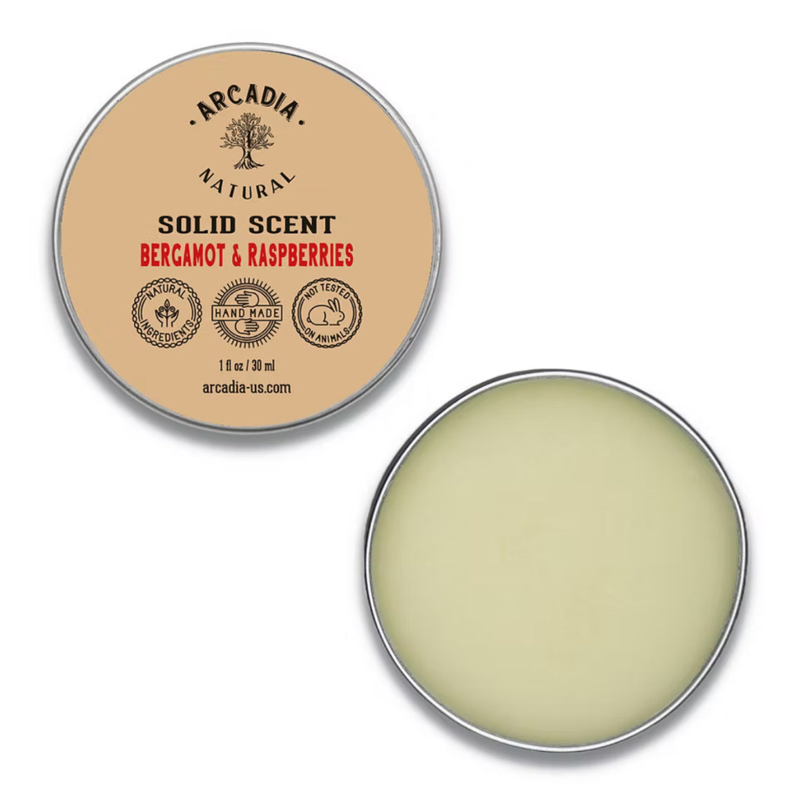 Arcadia Naturals natural solid perfume in a sleek container, showcasing the elegant packaging and subtle scent.