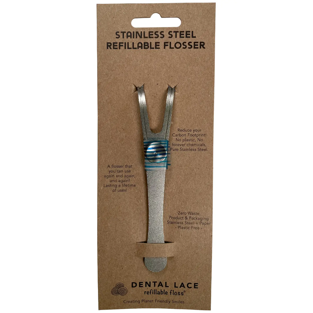 Refillable stainless steel dental flosser from Dental Lace with ergonomic handle and replaceable floss tips.
