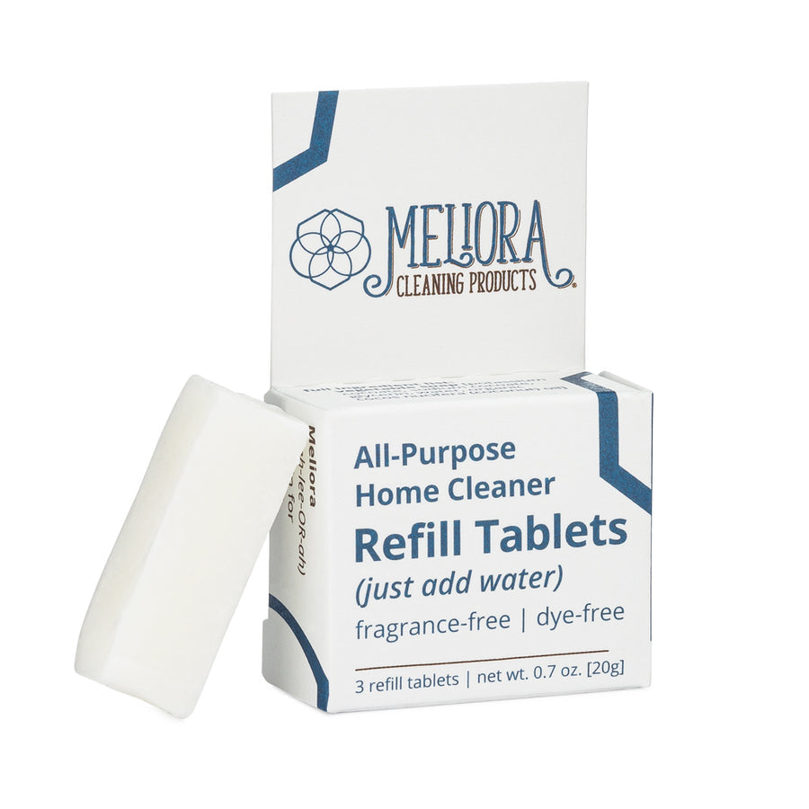 Meliora All Purpose Cleaning Refill Tabs in a jar, ready for eco-friendly cleaning and reuse, showing compact tablet packaging.