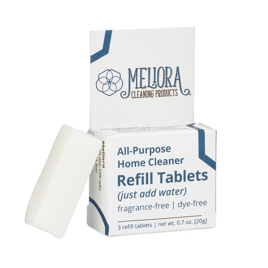 Meliora All Purpose Cleaning Refill Tabs in a jar, ready for eco-friendly cleaning and reuse, showing compact tablet packaging.