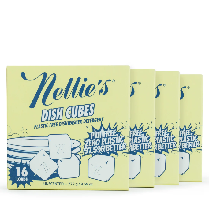 Nellie's Dishwasher Detergent Cubes in a container, eco-friendly laundry cleaning product with natural cleaning ingredients.