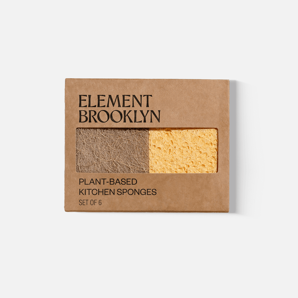 Six plant-based kitchen sponges from Element Brooklyn arranged in a pack, showcasing eco-friendly cleaning tools.