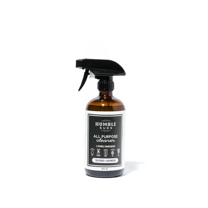 Humble Suds all-purpose cleaner in 16oz glass spray bottle, with a spray nozzle and clean, clear liquid inside.