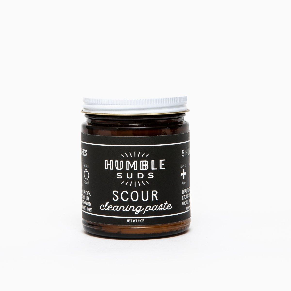 Humble Suds Scour Cleaning Paste in a jar, showing the creamy white paste suitable for scrubbing kitchen and bathroom surfaces.