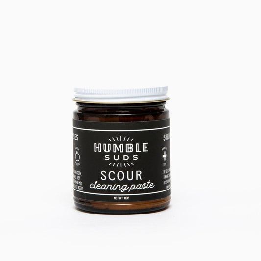 Humble Suds Scour Cleaning Paste in a jar, showing the creamy white paste suitable for scrubbing kitchen and bathroom surfaces.