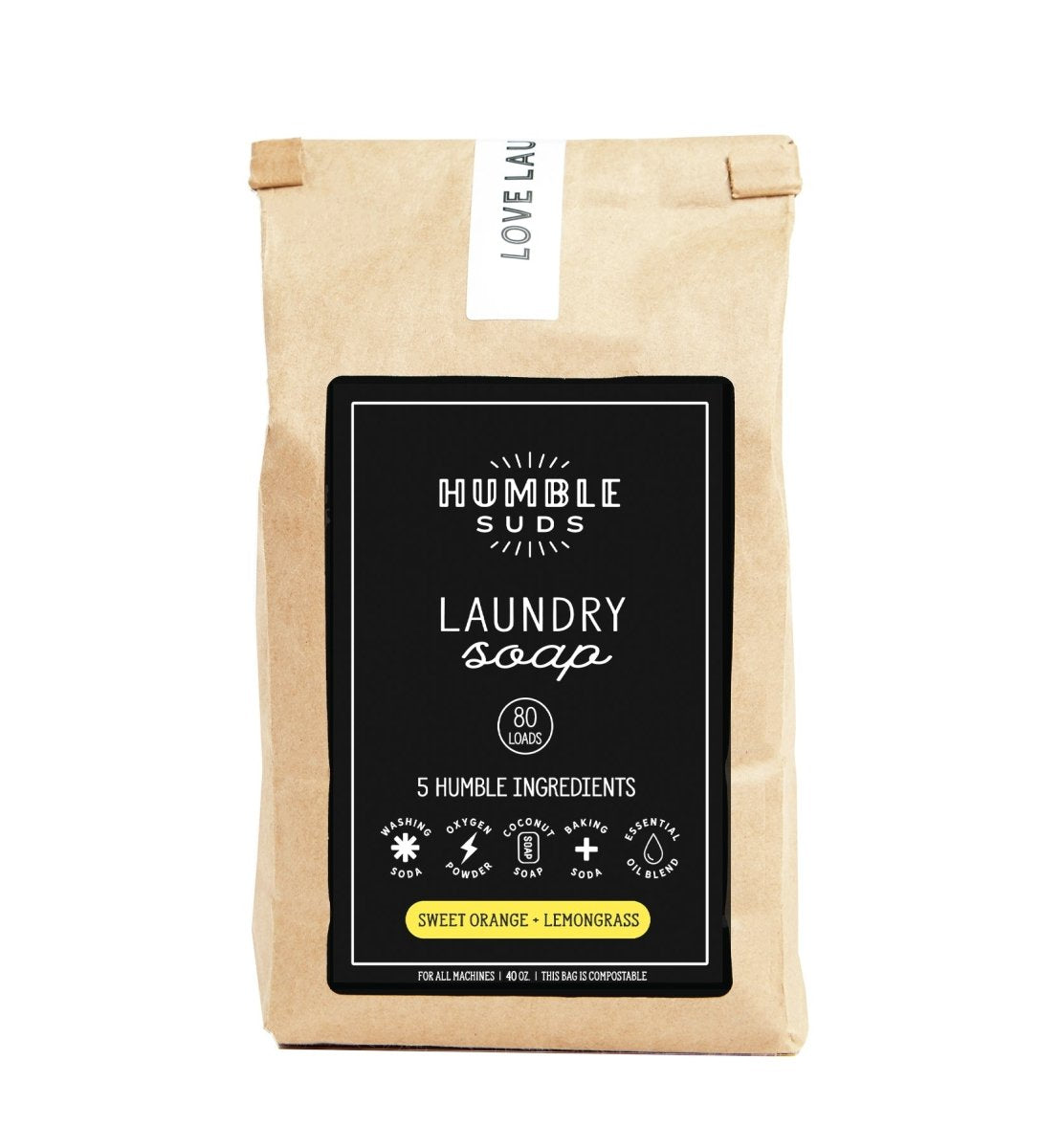 Humble Suds 40oz laundry powder bag with a resealable opening and clear labeling on a neutral background.