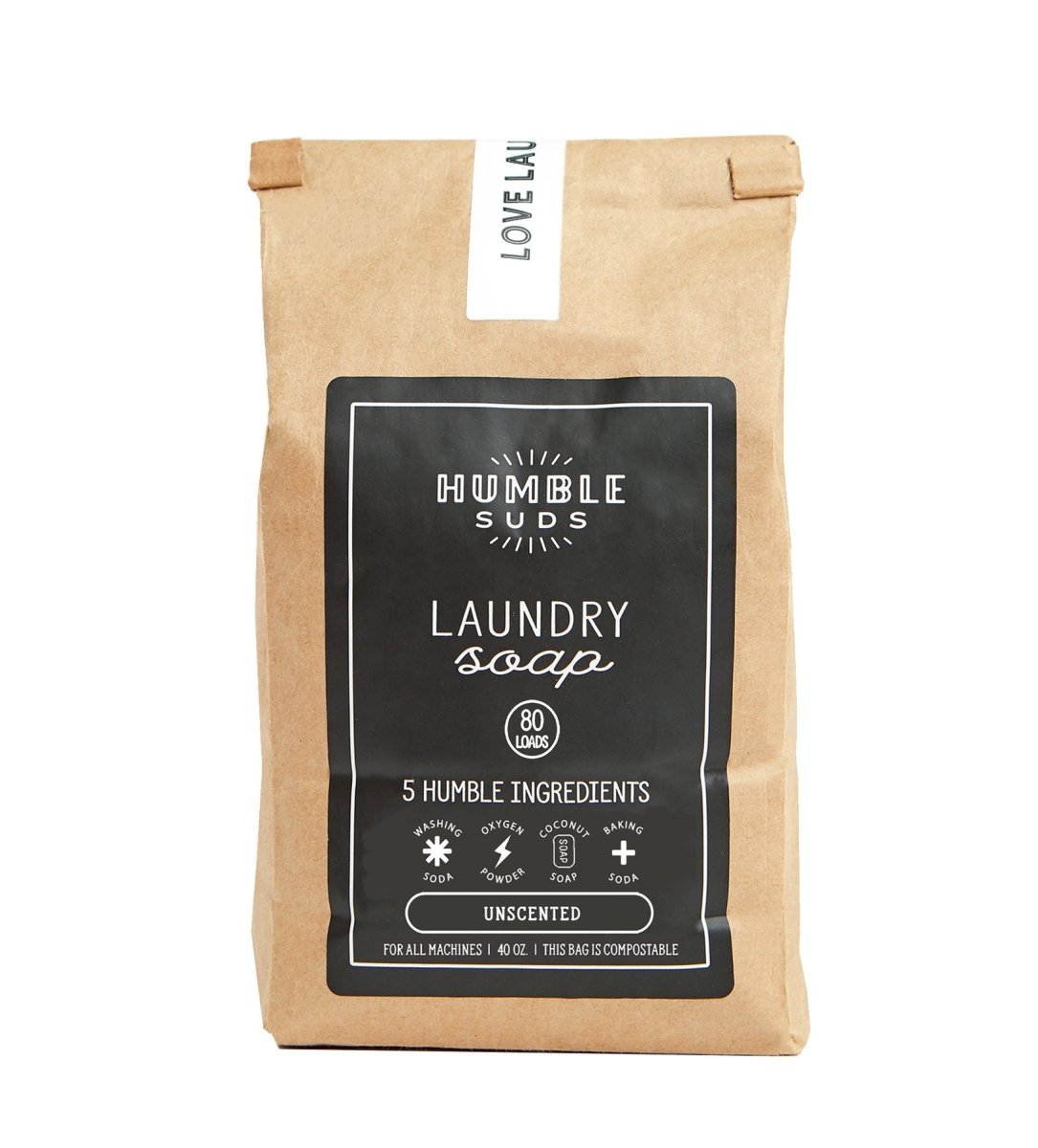 Humble Suds 40oz laundry powder bag with label and resealable opening, made of durable material for laundry detergent storage