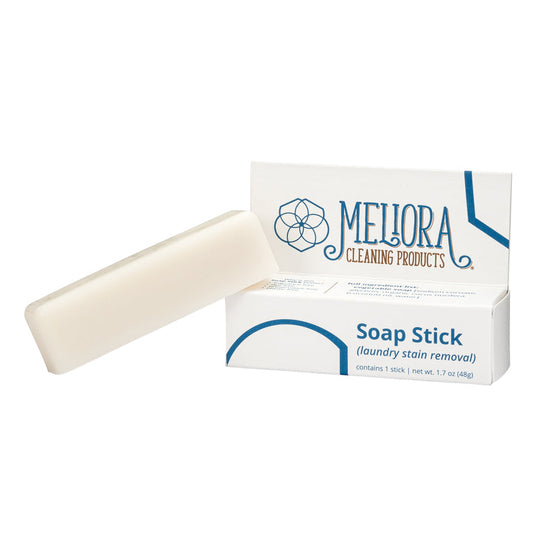 Meliora stain remover soap stick with natural ingredients, showing the solid soap stick designed for stain removal on fabric.