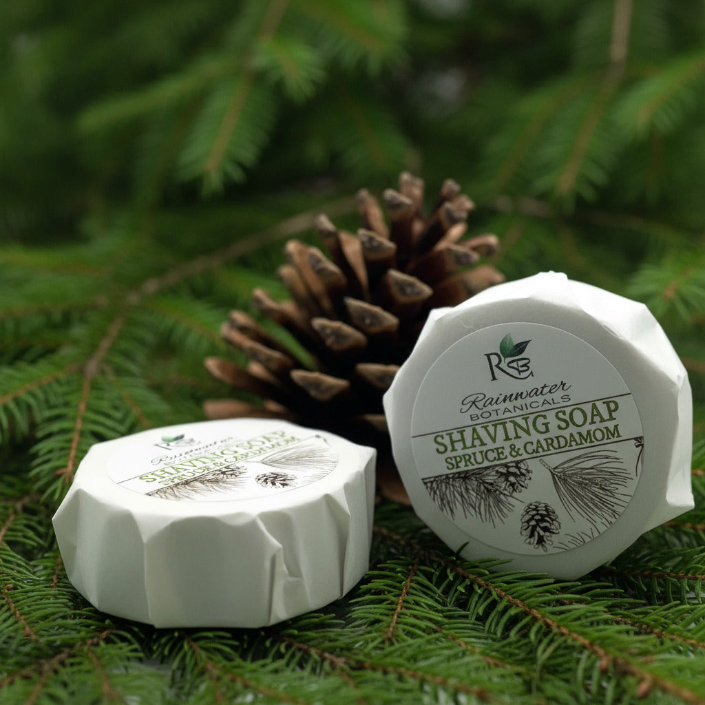 Rainwater Botanicals shave soap in a round container with a smooth, creamy lather and natural botanical ingredients.