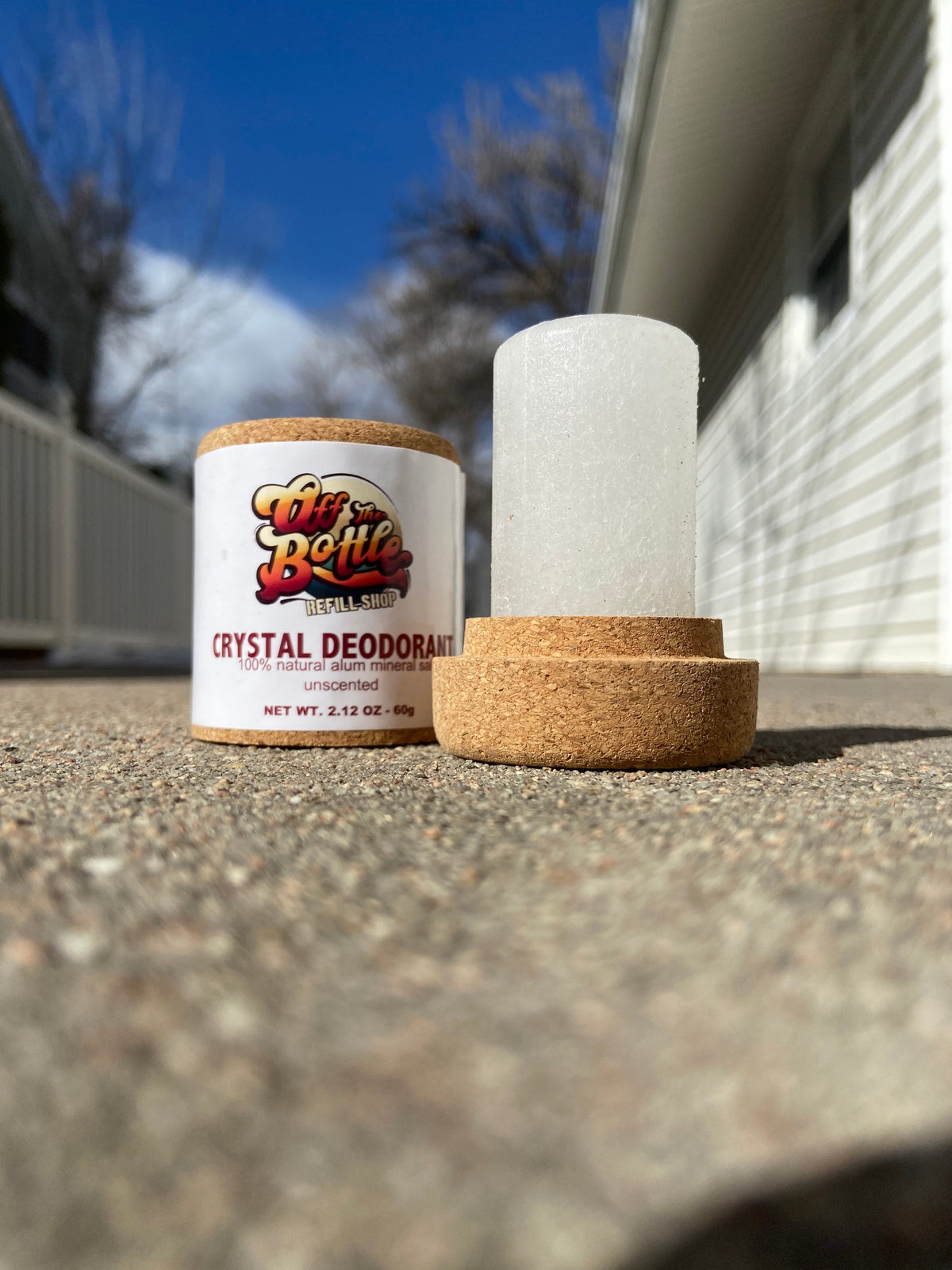 OTB Refills Salt Crystal Deodorant Stick in cork packaging showing the natural mineral crystal stick for deodorizing.