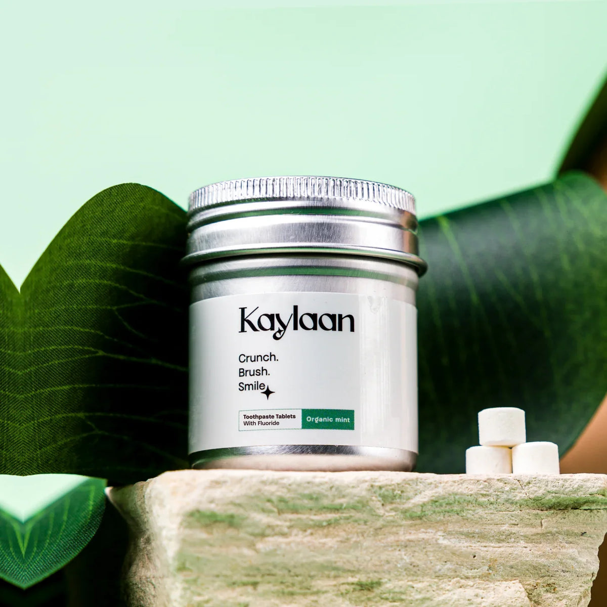 Kaylaan Mint Toothpaste Tablets in a tin, 90 fluoride tablets for fresh breath and oral care, natural dental hygiene product