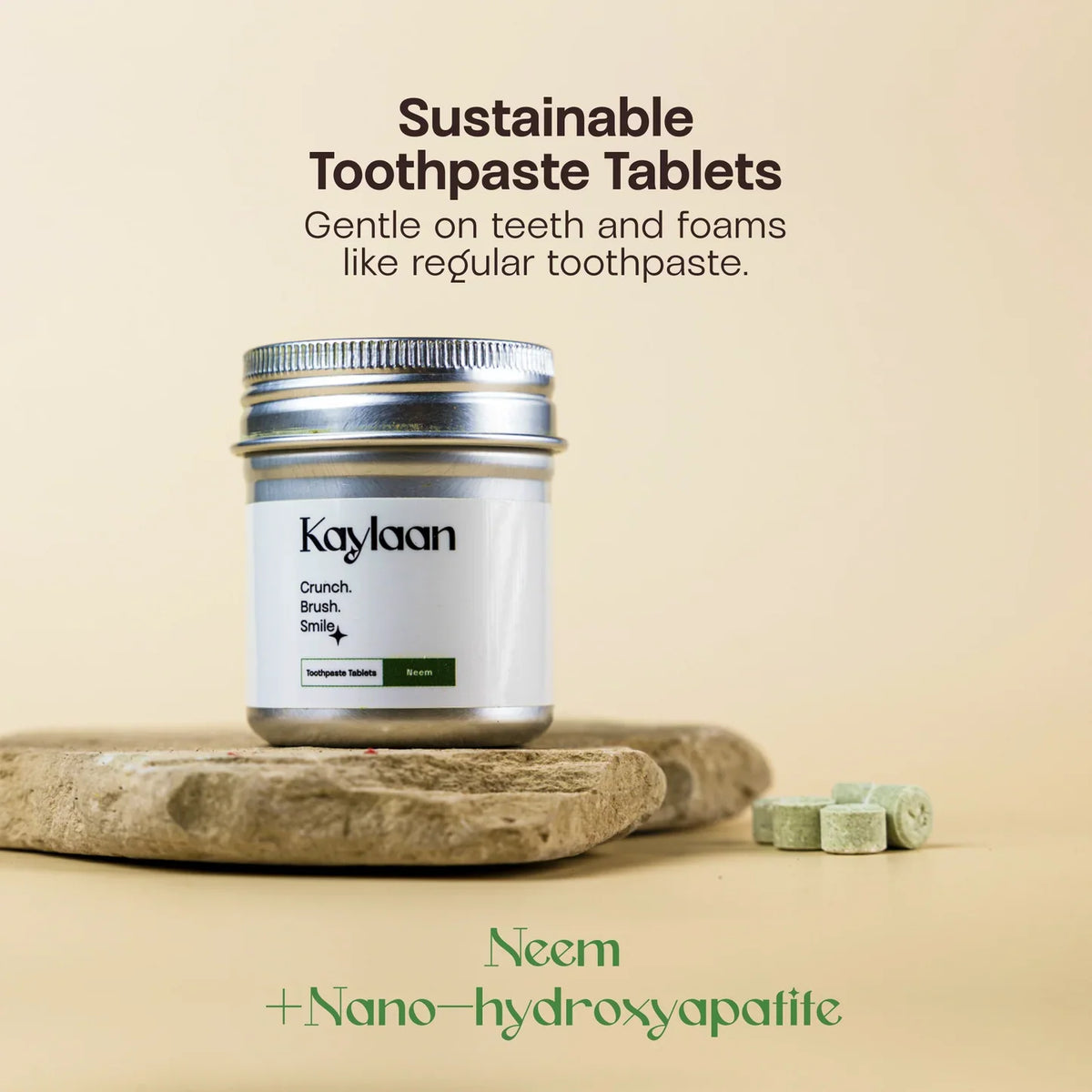 Kaylaan Toothpaste Tablets Tin with 90 neem-flavored tablets, compact metal container for eco-friendly oral hygiene.
