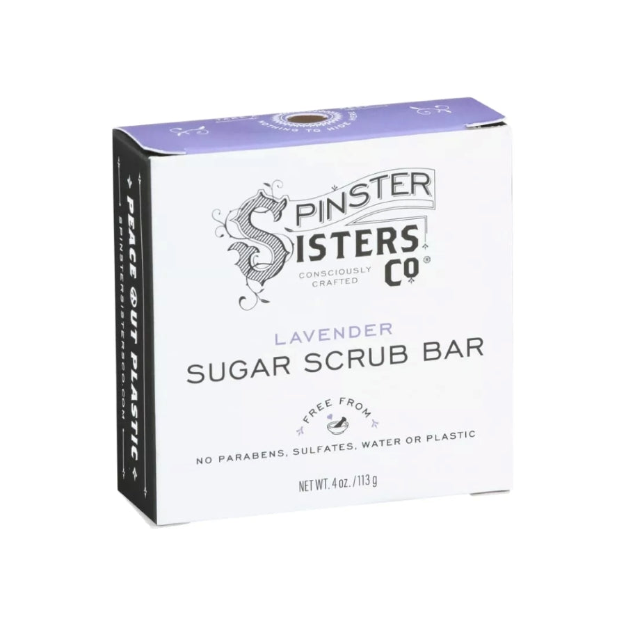 Lavender Sugar Scrub Bar by Spinster Sisters featuring a natural soap with lavender and sugar for gentle exfoliation.