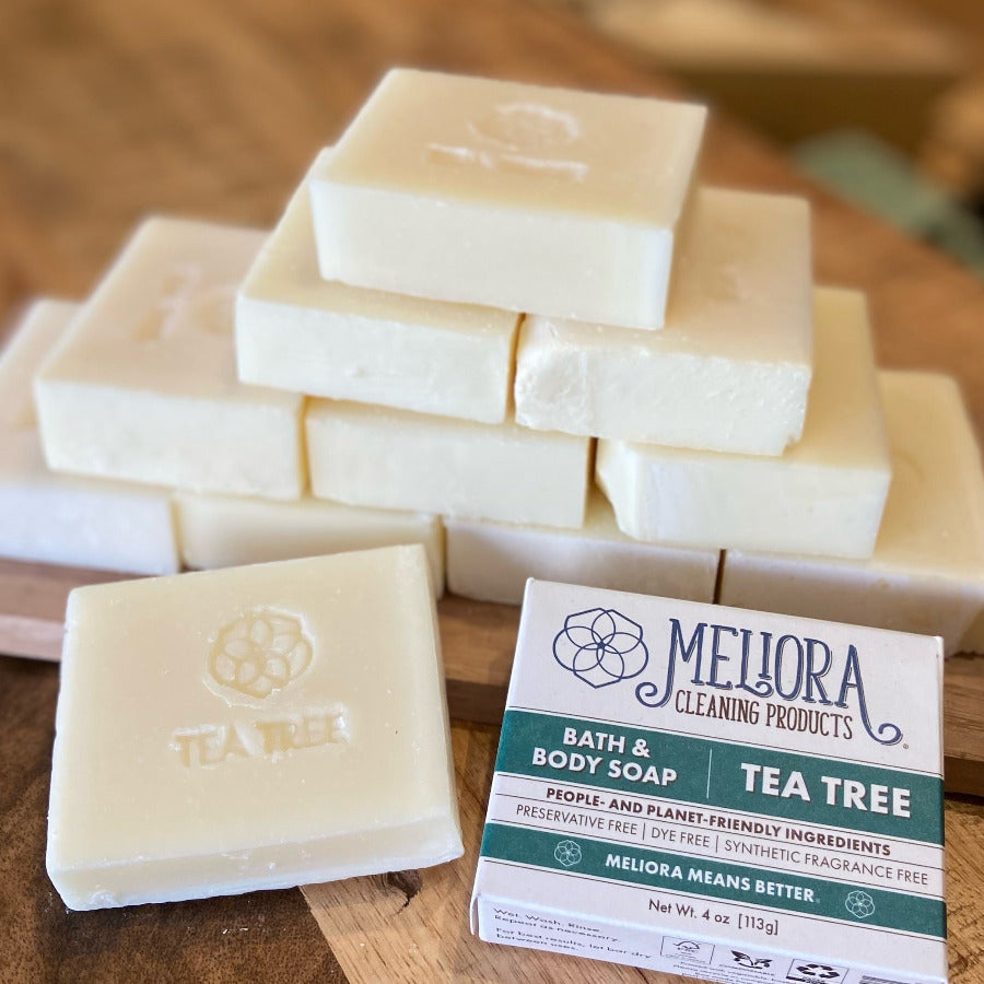 Meliora tea tree bar soap with natural ingredients, featuring a clean, rectangular shape and textured surface.