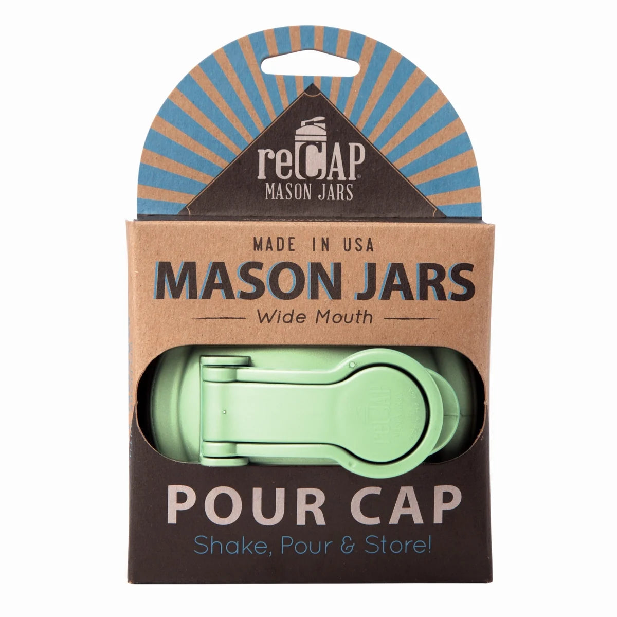 Green Mason jar pour spout lid by ReCap, designed for easy pouring and sealing of mason jars.