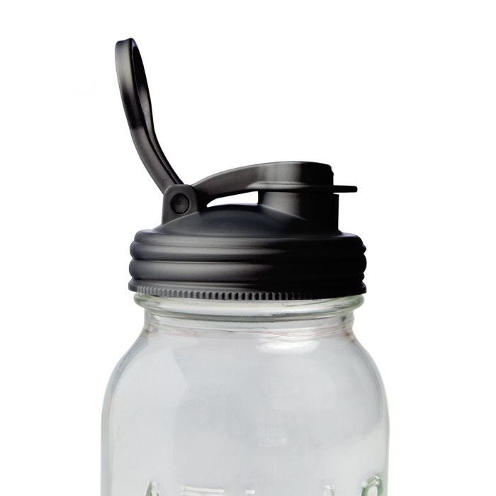 Black Mason jar pour spout lid by ReCap, features a convenient pour spout for easy liquid dispensing on mason jars.