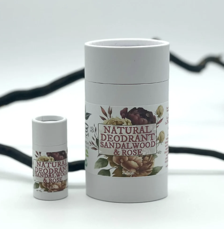 Rainwater Botanicals sandalwood and rose deodorant stick with natural ingredients and floral scent.
