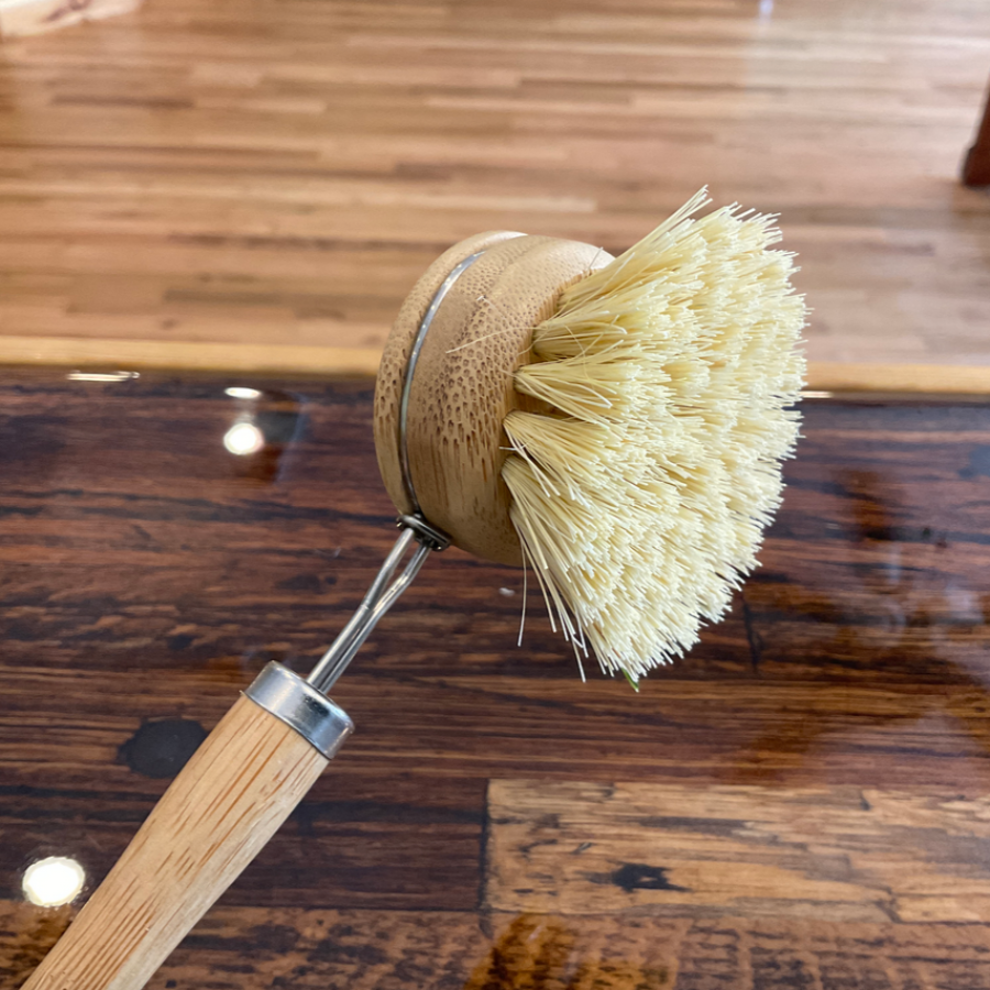 OTB Refills bamboo kitchen dish scrubber with replaceable head, eco-friendly cleaning brush for dishes and cookware.
