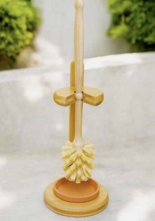 Bamboo toilet brush with stand set from OTB Refills, featuring a natural bamboo handle and matching holder for bathroom use.