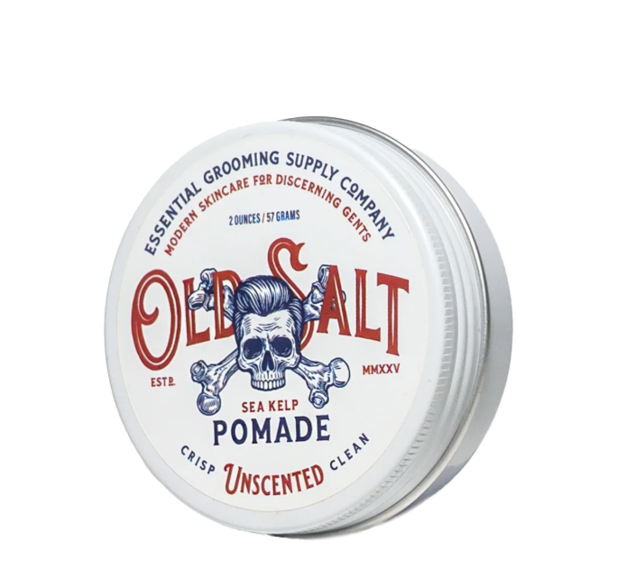 Screenshot of Spinster Sisters Old Salt Pomade jar showing the product label and packaging design.