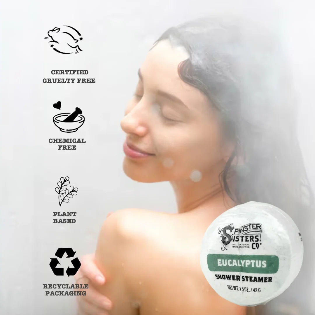 Infographic showing how Spinster Sisters shower steamers release soothing scents and activate with steam for a relaxing shower experience.