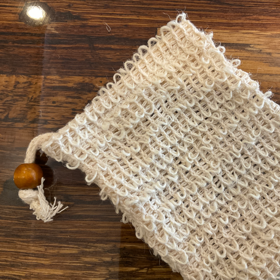 OTB Refills sisal body exfoliator and soap saver bag with natural sisal fibers for gentle scrubbing and soap storage.