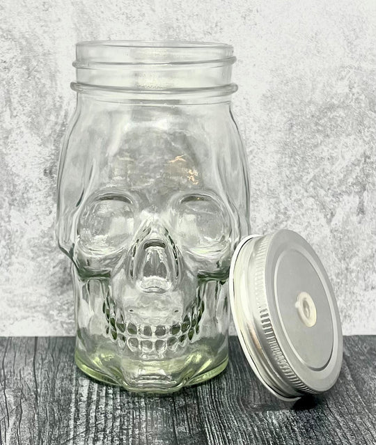 16 oz glass skull mason jar by OTB Refills, featuring a detailed skull design perfect for drinks or decorative use