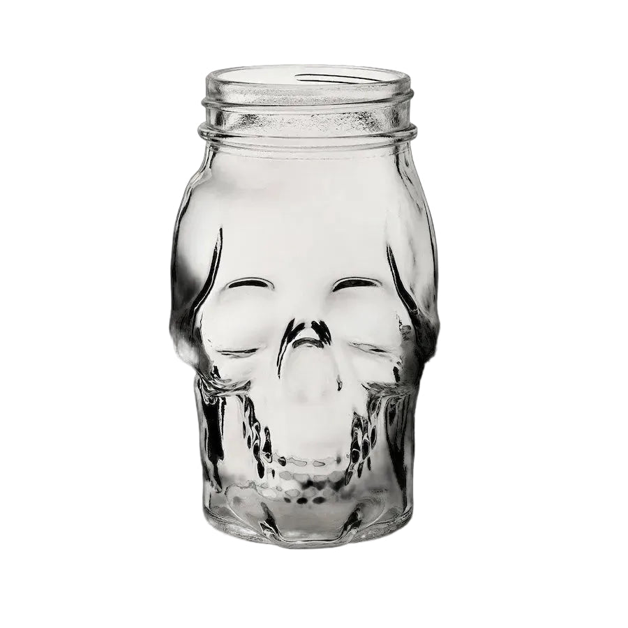 16 oz glass Skull Mason Jar by OTB Refills featuring a detailed skull design for decorative or functional use.