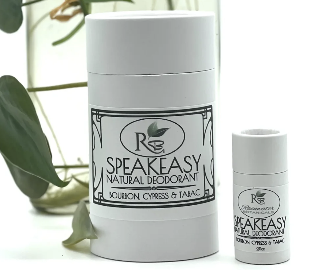 Rainwater Botanicals Speakeasy deodorant stick with natural ingredients in a sleek container, designed for effective odor control.
