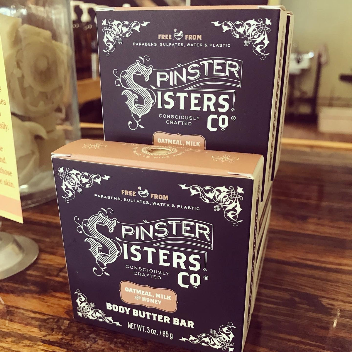 Spinster Sisters oatmeal milk and honey body butter bar with creamy texture, natural ingredients, and soothing appearance.