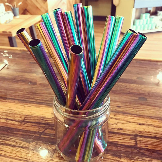 Colorful stainless steel boba straw by OTB Refills, rainbow design, suitable for bubble tea and smoothie drinks.