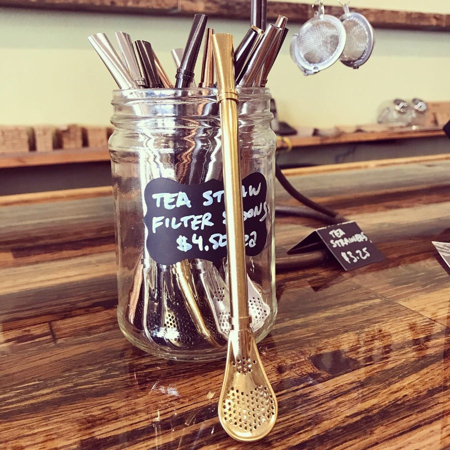 OTB Refills stainless steel tea filter straw with spoon, durable and reusable for loose leaf tea brewing.