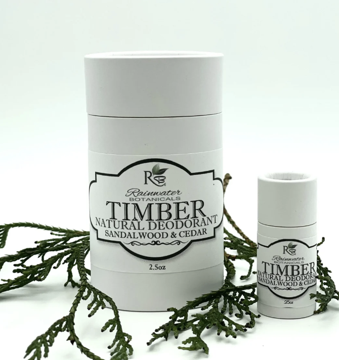 Rainwater Botanicals Timber deodorant stick with natural ingredients and fresh herbal scent for everyday freshness.