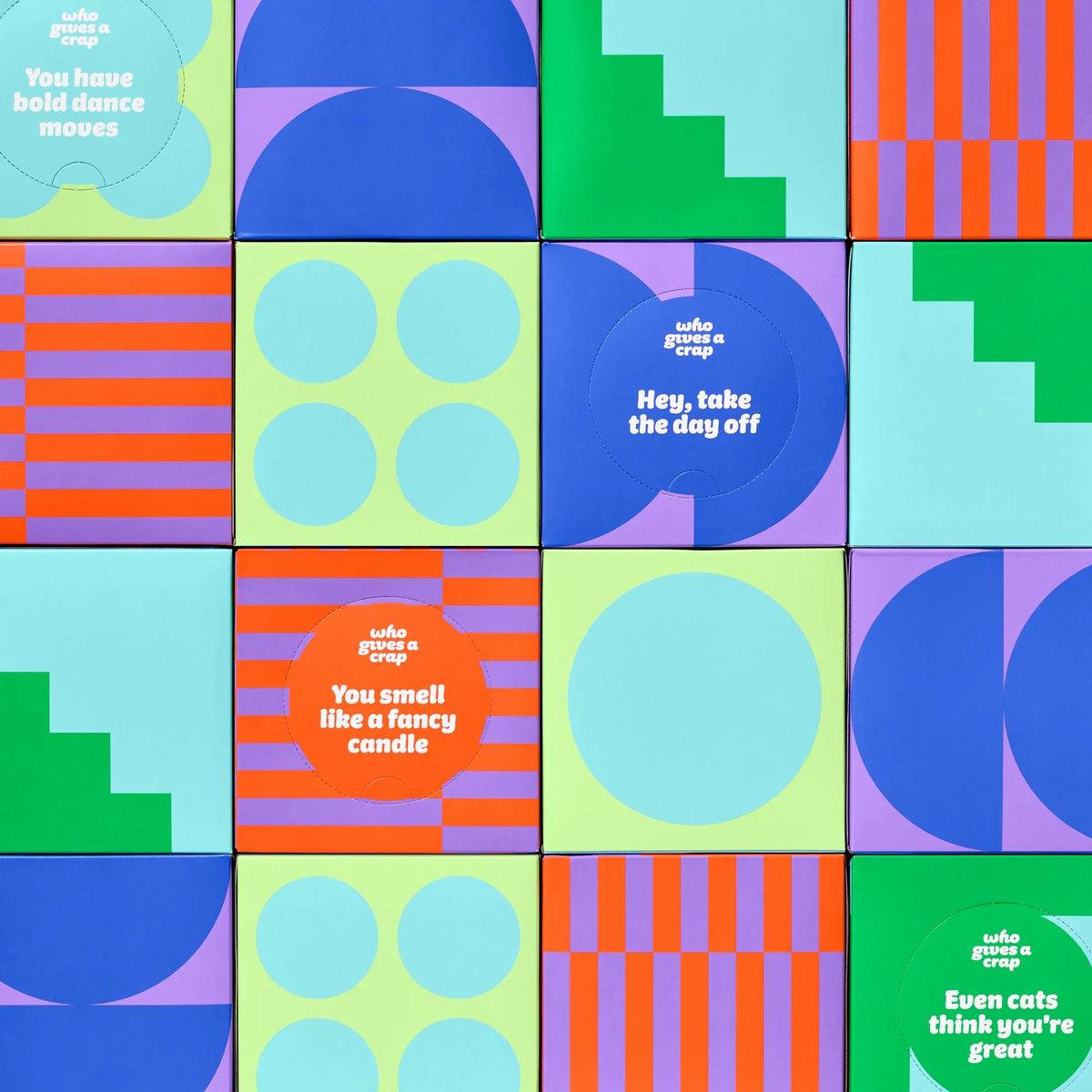 Box of Forest Friendly tissues by Who Gives a Crap featuring a colorful mosaic design on the packaging.