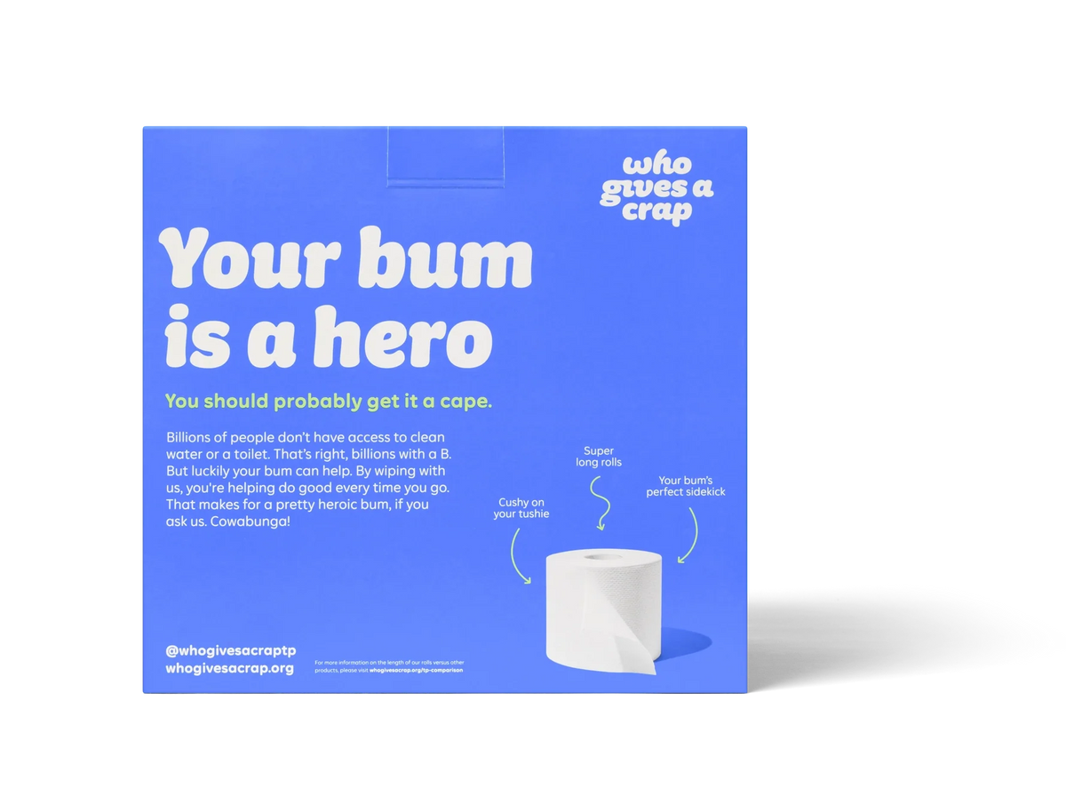 Four-pack of Who Gives a Crap recycled or bamboo toilet paper rolls, showcasing eco-friendly packaging and soft, sustainable tissue.