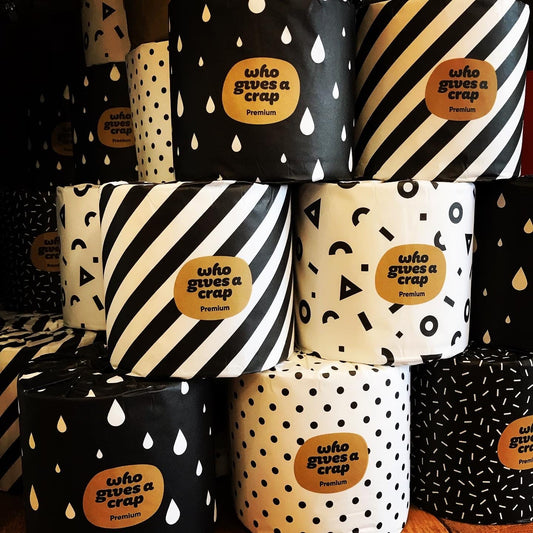 Bamboo toilet paper roll with 370 sheets from Who Gives a Crap, showing soft, eco-friendly bamboo material and full roll.