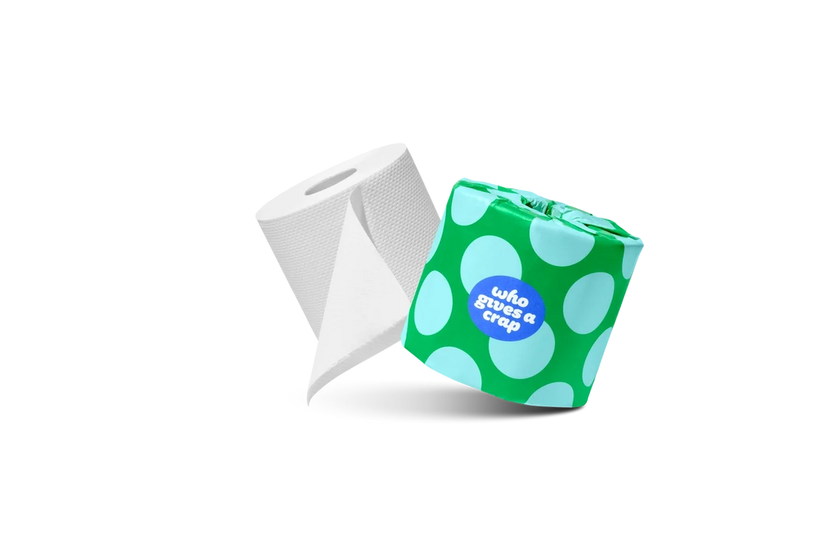 Recycled toilet paper roll by Who Gives a Crap with 385 sheets, showcasing eco-friendly packaging and soft, sustainable paper.