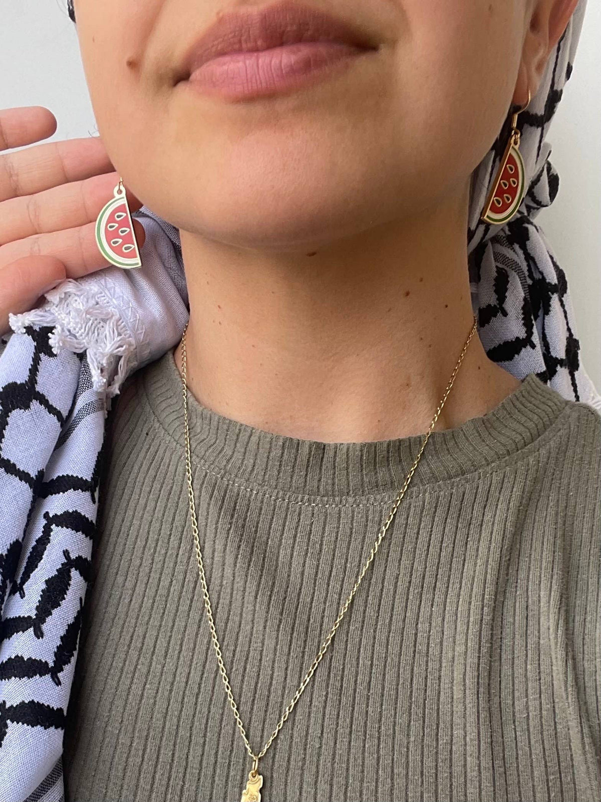 Palestine Watermelon Drop Earrings by Stitch4pali featuring vibrant red and green watermelon-shaped dangle earrings.