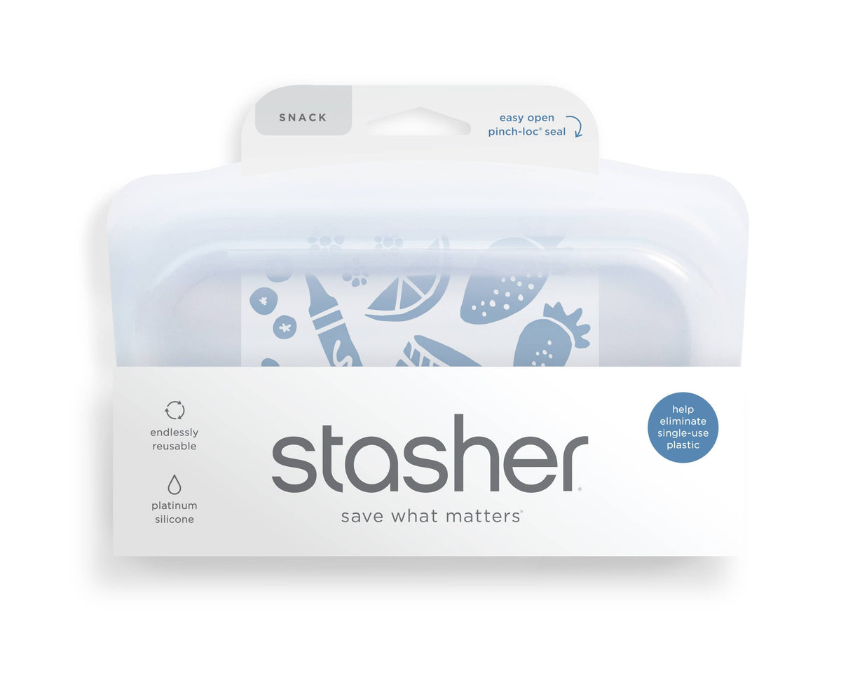 Stasher snack size reusable silicone storage bag, clear with green seal, suitable for snacks and small food items.