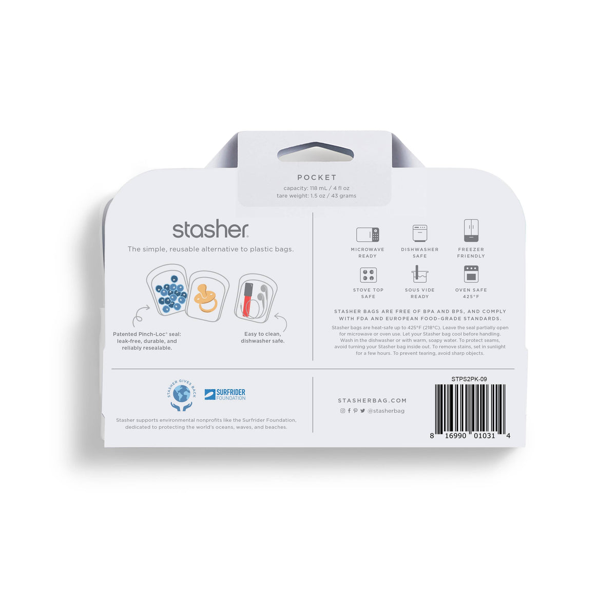 Two reusable Stasher silicone storage bags, pocket-sized, in clear and colorful designs, ideal for food storage and organization.