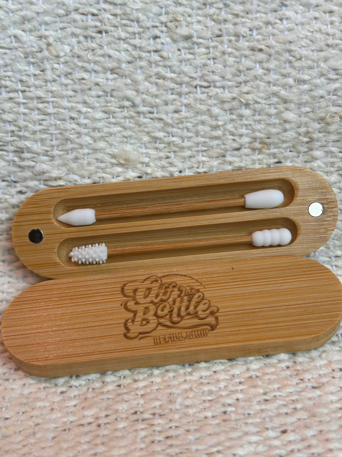 Reusable Q-Tip Swabs from OTB Refills, 2-pack, showing eco-friendly cotton swabs with reusable sticks on a white background.