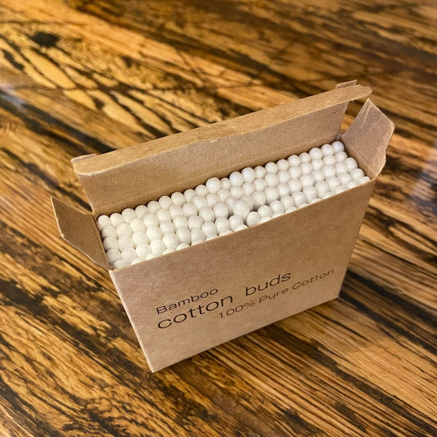 Bamboo and cotton Q-tip swabs from OTB Refills with biodegradable bamboo sticks and soft cotton tips for gentle ear cleaning.