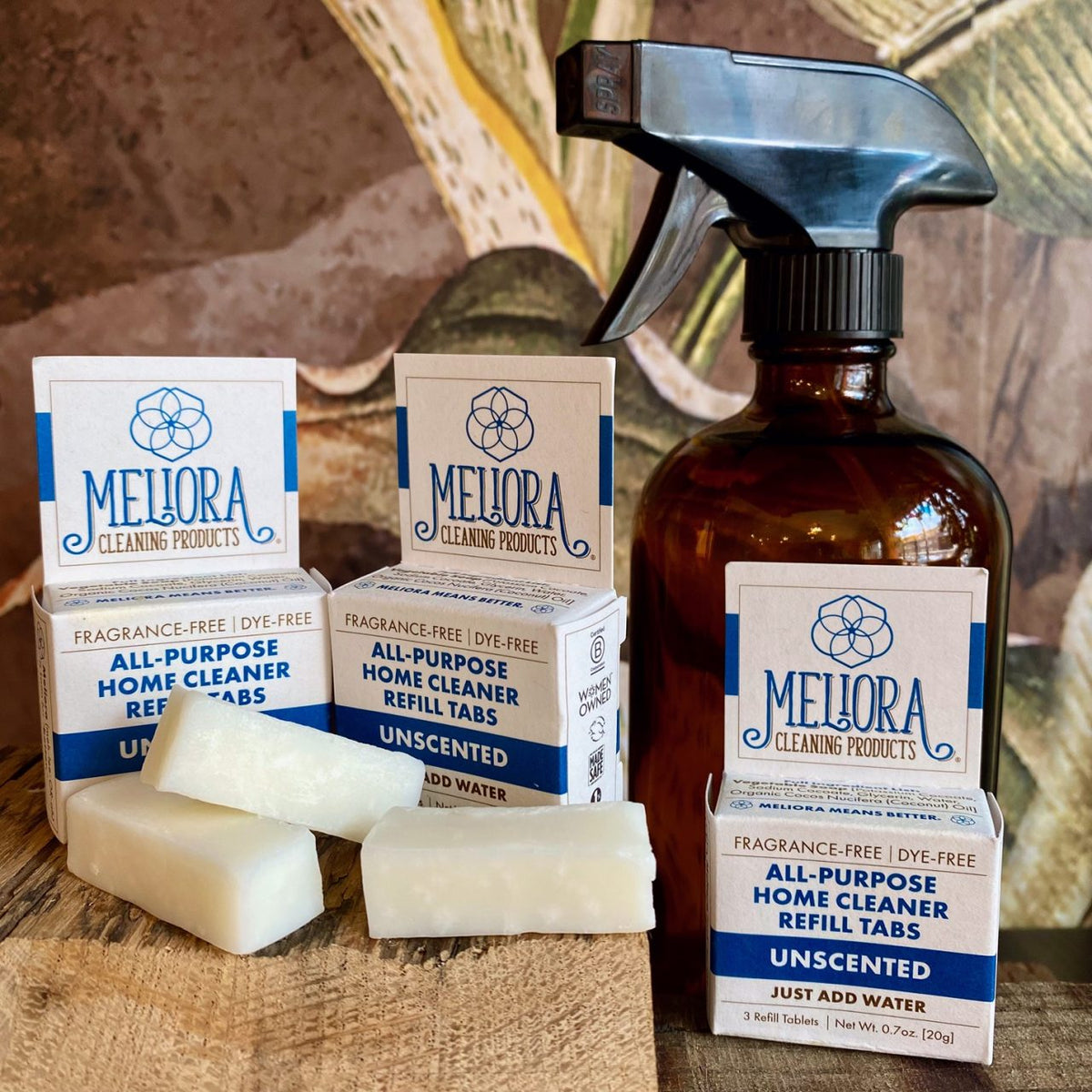 Meliora All Purpose Cleaning Refill Tabs in a jar, ready to dissolve in water for eco-friendly cleaning.
