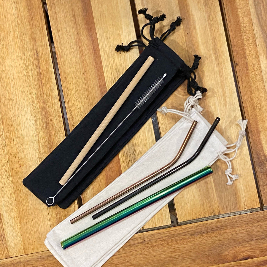 Long cotton travel bag by OTB Refills holding reusable straws and chopsticks, perfect for eco-friendly travel accessories.